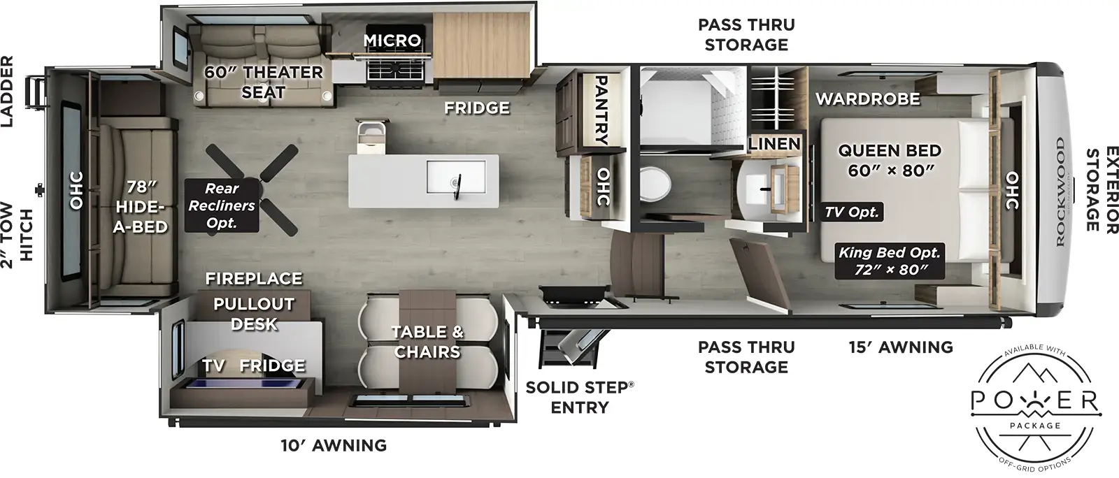 The Rockwood Signature Fifth Wheels R331RL floorplan has one entry and two slide outs. Exterior features include: fiberglass exterior and 10' & 15' awning. Interiors features include: kitchen island, front bedroom and rear living.